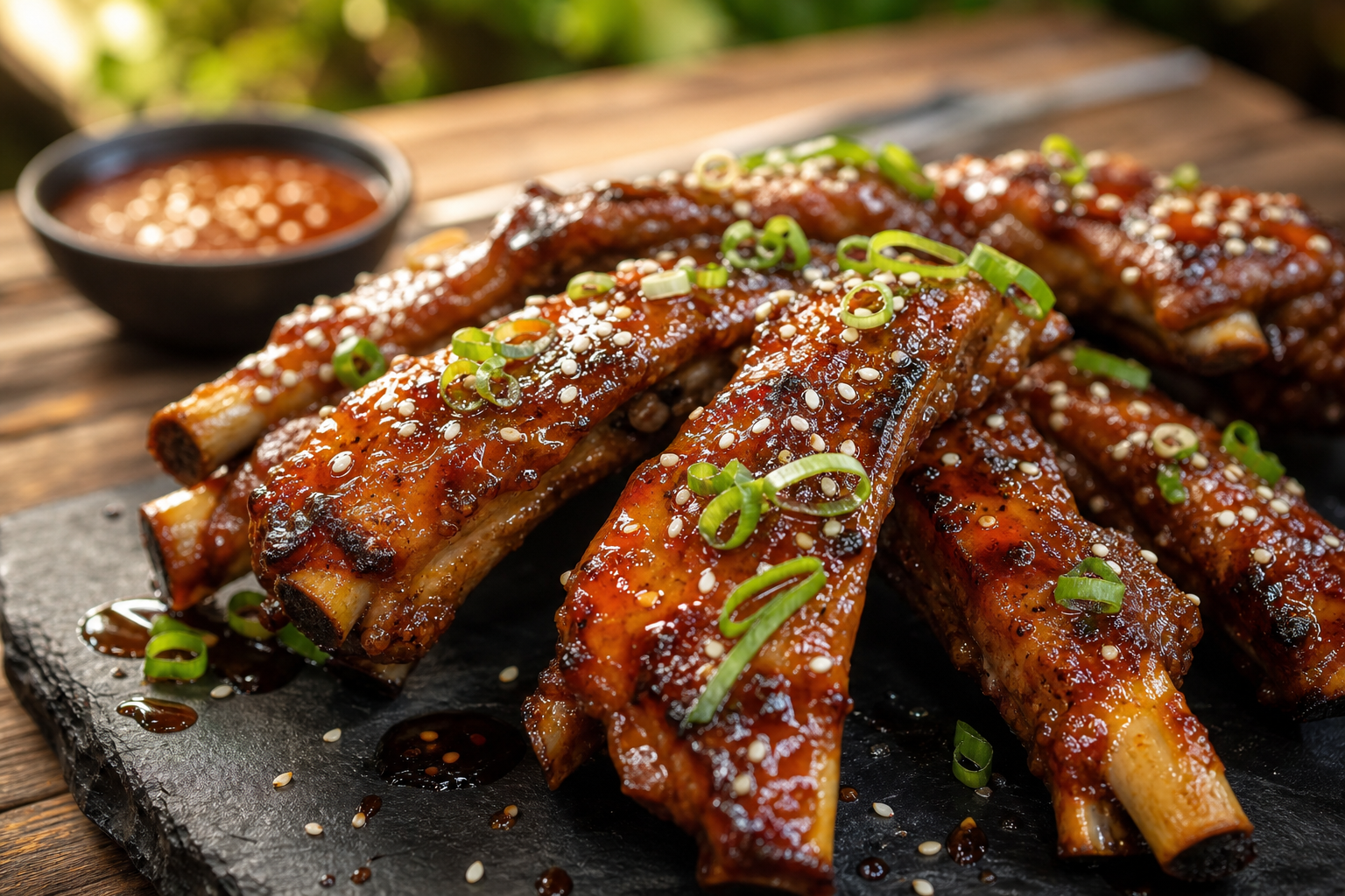 Honey garlic glazed spare ribs with sesame seeds and green onions on slate board