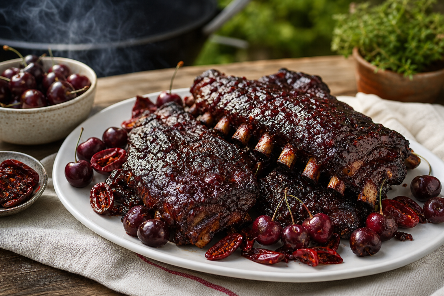 Spare ribs with dark cherry chipotle glaze on a white ceramic platter with fresh cherries