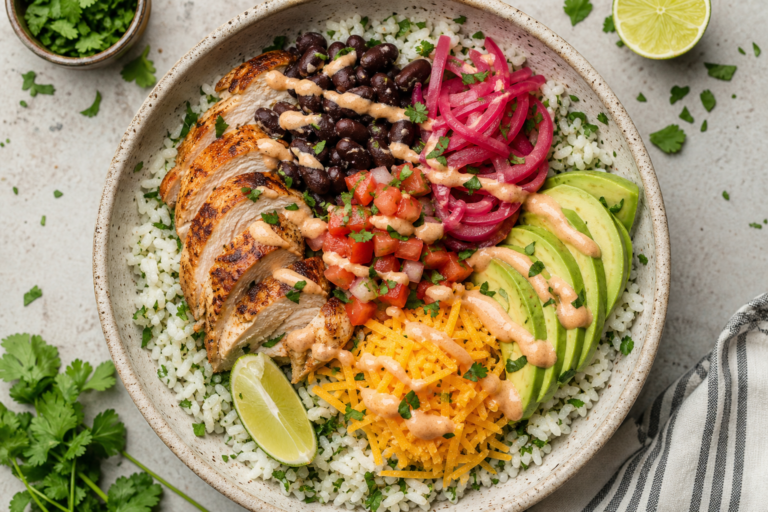 Rotisserie chicken burrito bowl with cilantro lime rice, black beans, avocado, and chipotle crema