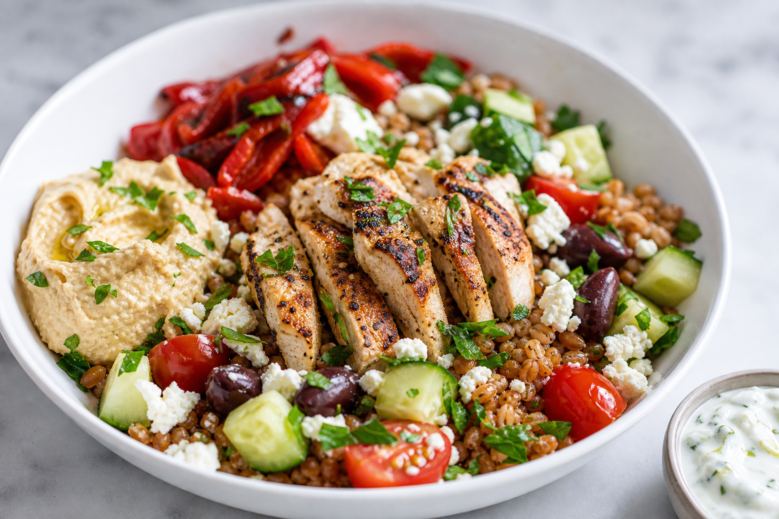 Mediterranean rotisserie chicken grain bowl with farro, feta, olives, hummus, and tzatziki