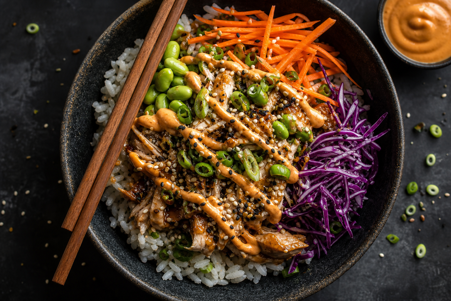 Asian sesame ginger rotisserie chicken rice bowl with purple cabbage, edamame, and sriracha mayo
