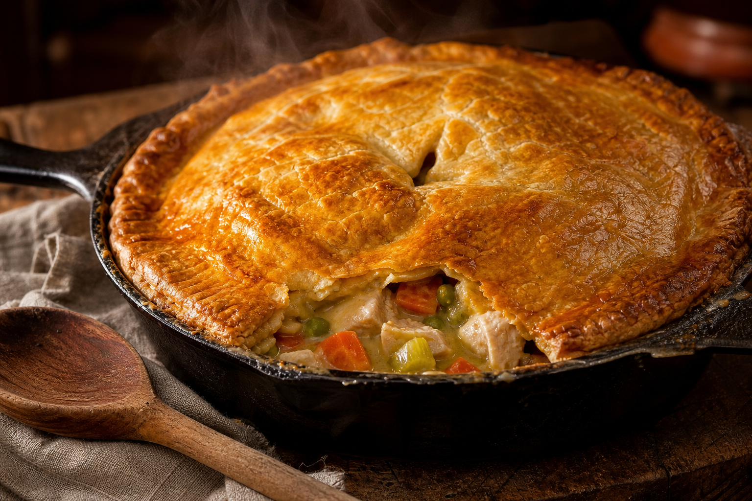 Rotisserie chicken pot pie in a cast iron skillet with golden flaky crust and creamy vegetable filling