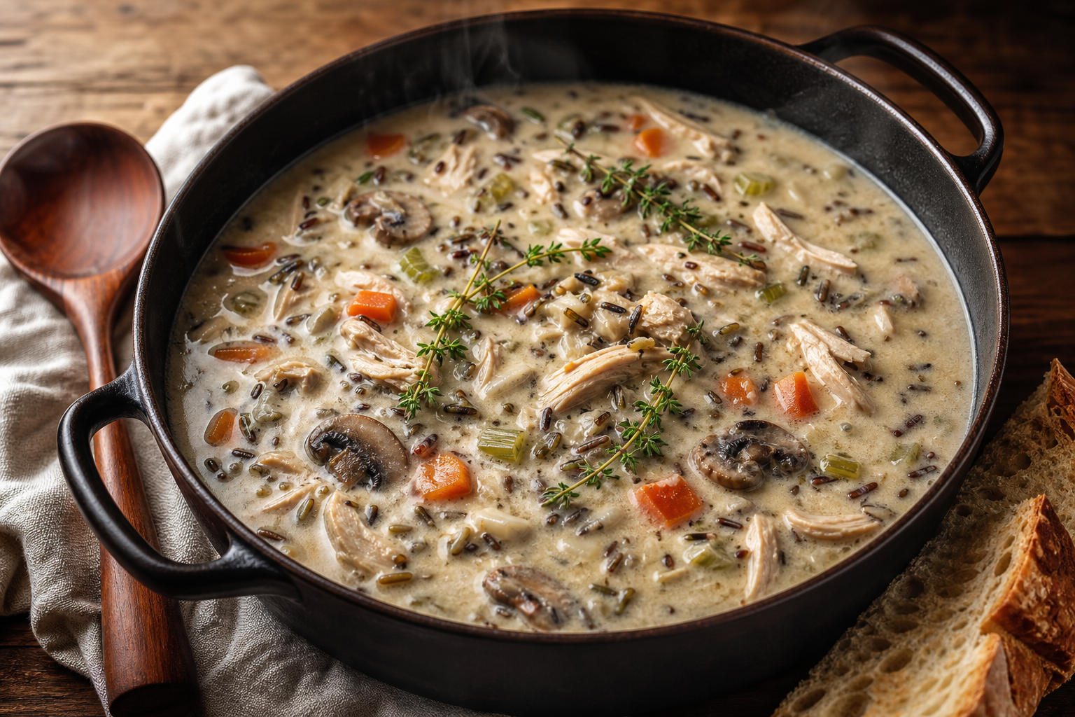Creamy rotisserie chicken and wild rice soup in a rustic pot with mushrooms, carrots, and thyme