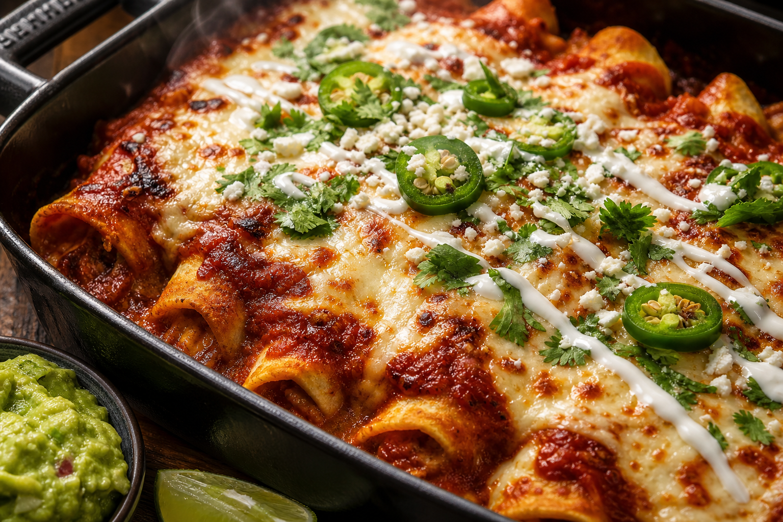 Rotisserie chicken enchiladas in a baking dish with red sauce, melted cheese, jalapeños, and crema