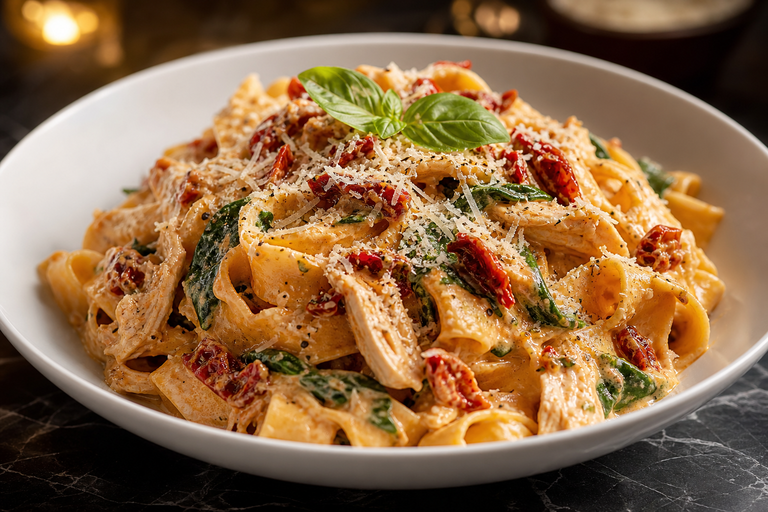 Creamy Tuscan rotisserie chicken pasta with sun-dried tomatoes, spinach, and Parmesan in a white bowl