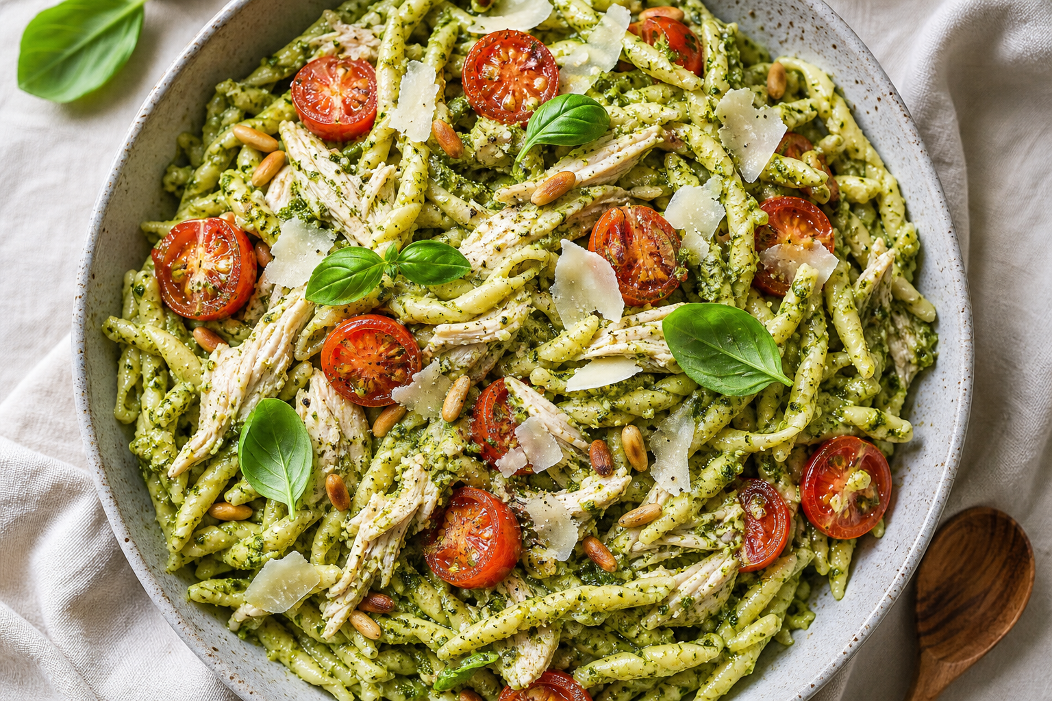 Rotisserie chicken pesto pasta in a white serving bowl with cherry tomatoes and pine nuts