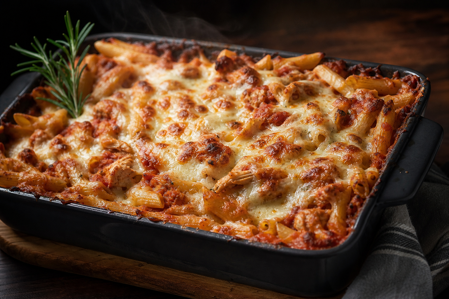 Rotisserie chicken penne pasta bake bubbling with tomato sauce and golden mozzarella in a casserole dish