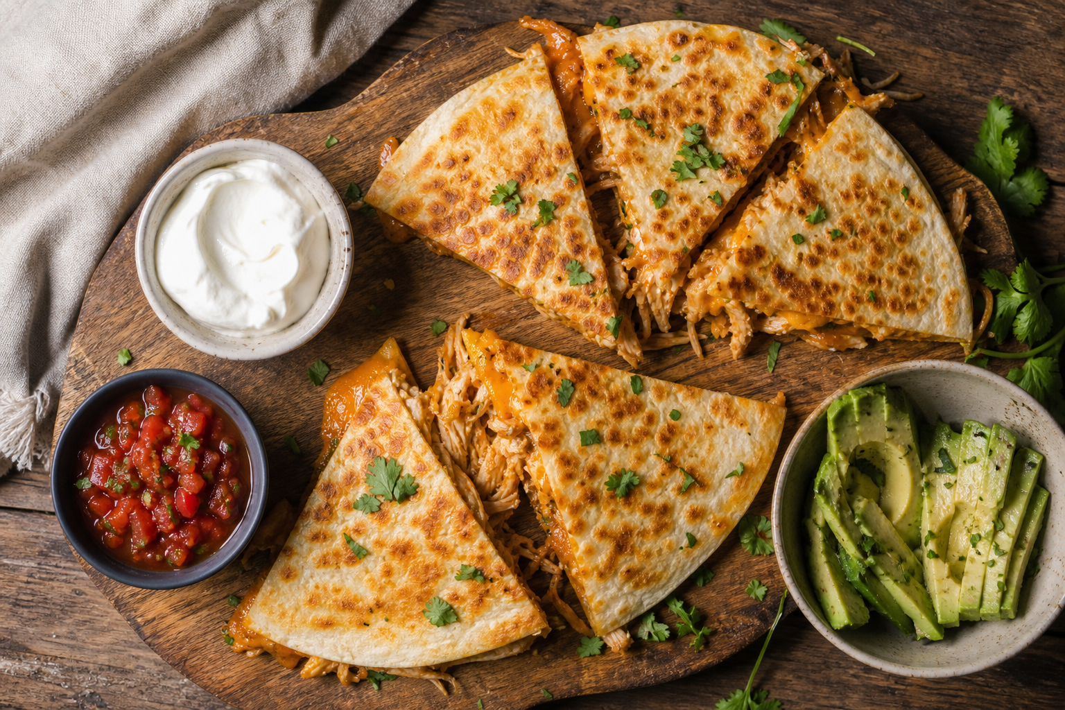 Golden rotisserie chicken quesadillas on a wooden board with salsa, sour cream, and avocado