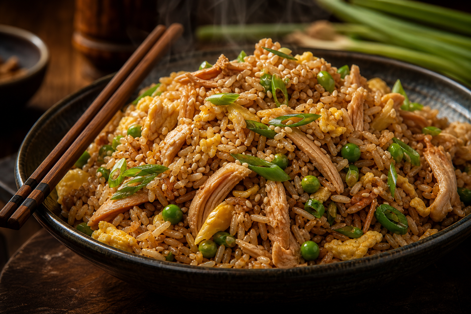 Rotisserie chicken fried rice in a dark bowl with scallions, peas, and sesame seeds