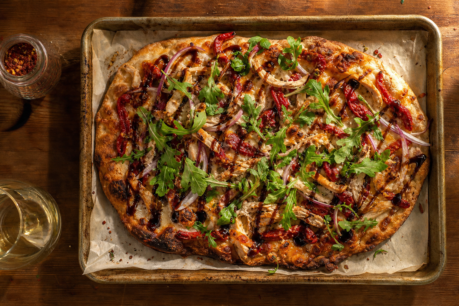 Rotisserie chicken flatbread pizza with roasted peppers, mozzarella, and arugula on a baking sheet