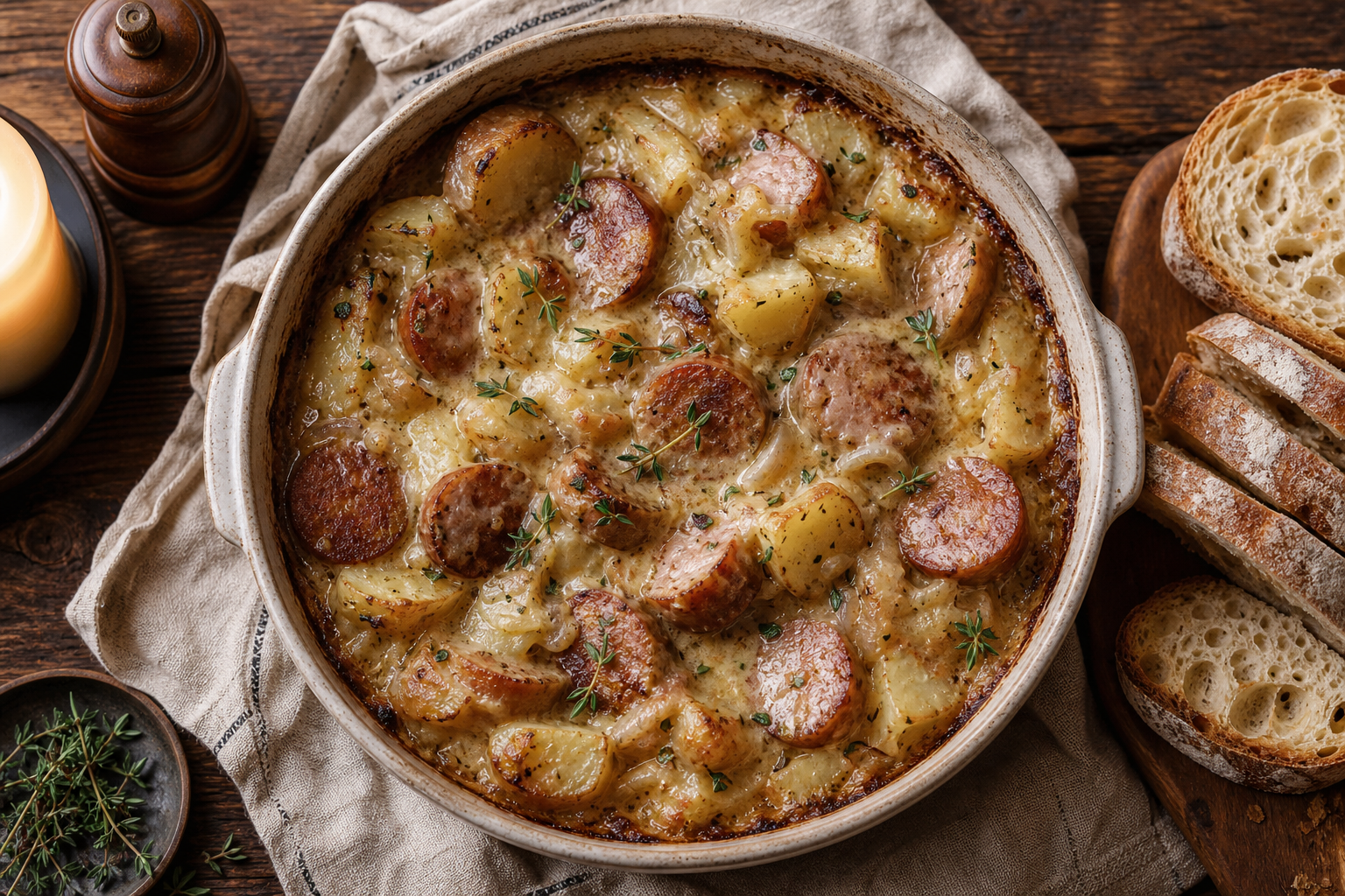 Creamy sausage and potato casserole baked in a ceramic dish with onion gravy and fresh thyme