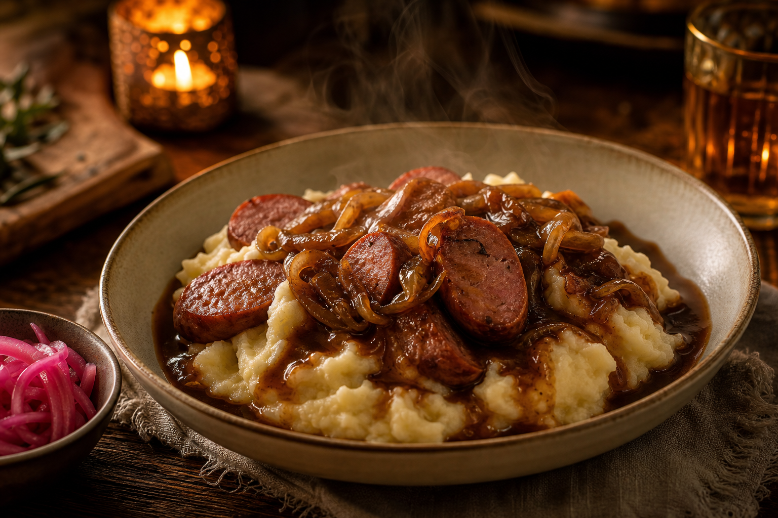 Mashed potatoes with sliced sausage, caramelized onions, and rich brown onion gravy in a shallow bowl