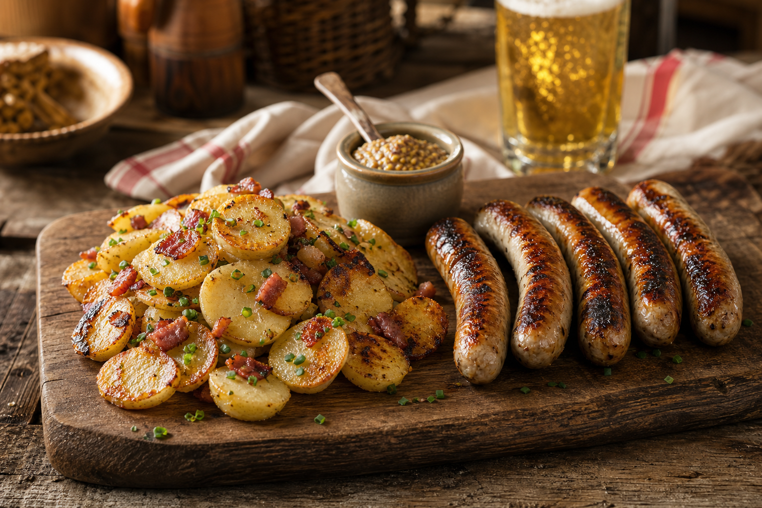 Grilled bratwurst with pan fried German potatoes, bacon, chives, and whole grain mustard on a wooden board