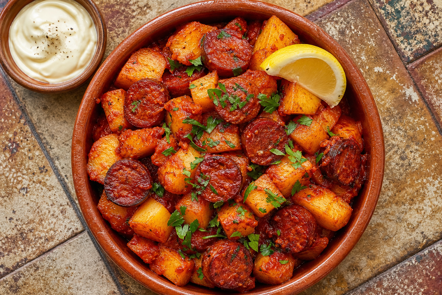 Spanish chorizo and paprika potatoes in a terracotta cazuela with parsley, lemon, and aioli