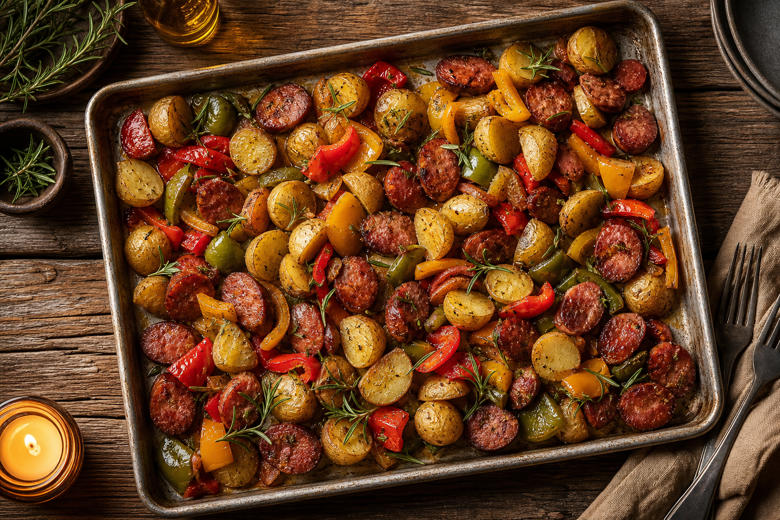 Sheet pan smoked sausage and roasted baby potatoes with colorful bell peppers and rosemary