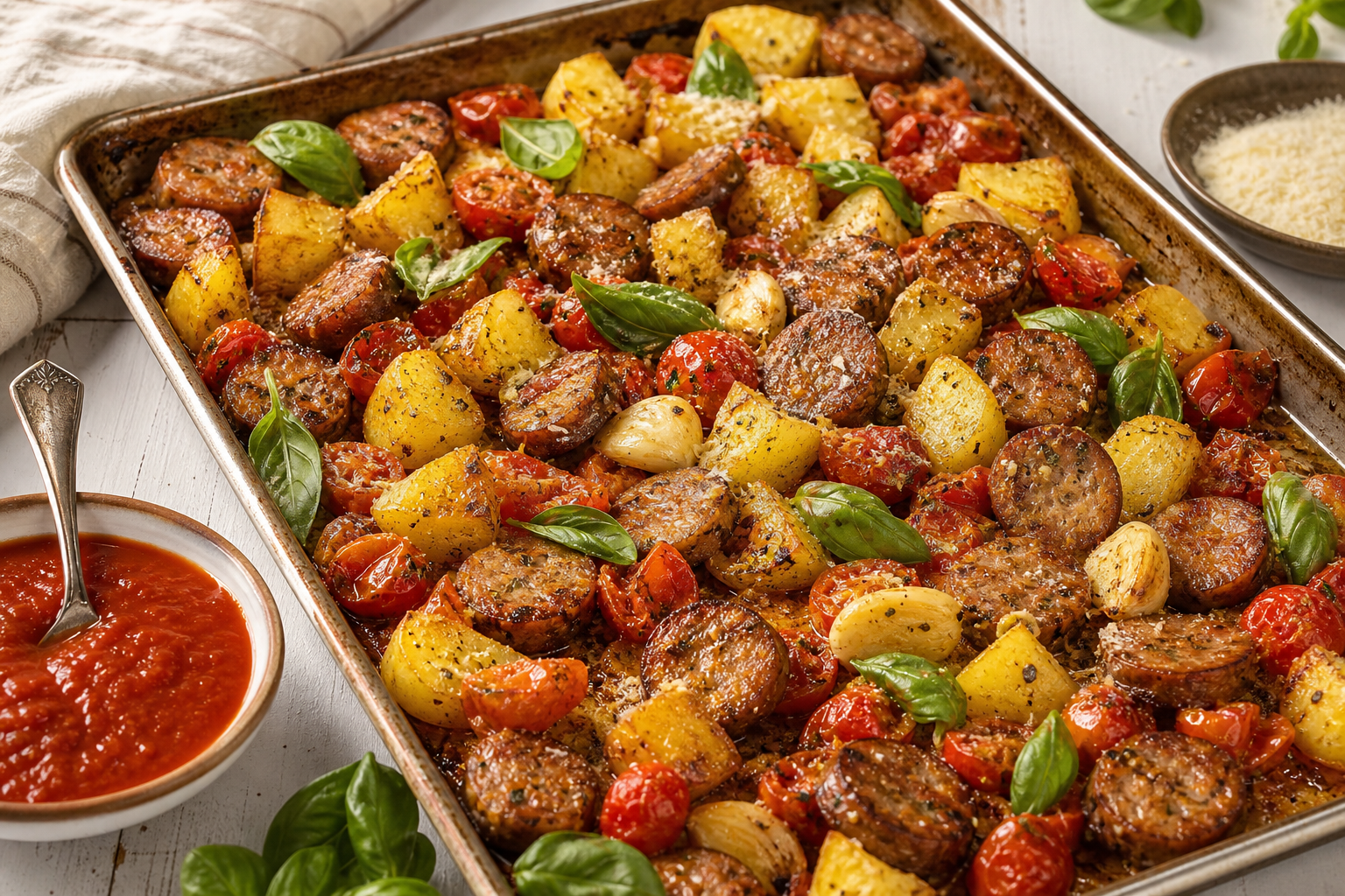 Roasted Italian sausage and Yukon gold potatoes with cherry tomatoes, garlic, and fresh basil on a sheet pan