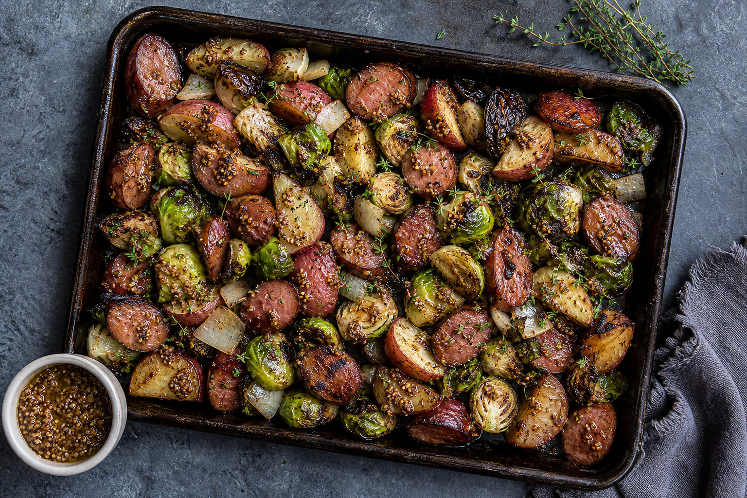 Sheet pan kielbasa and red potato wedges with roasted Brussels sprouts, onion, and whole grain mustard