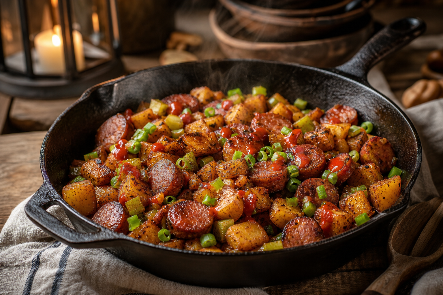 Cast iron skillet with andouille sausage, Creole spiced potatoes, green onion, and celery