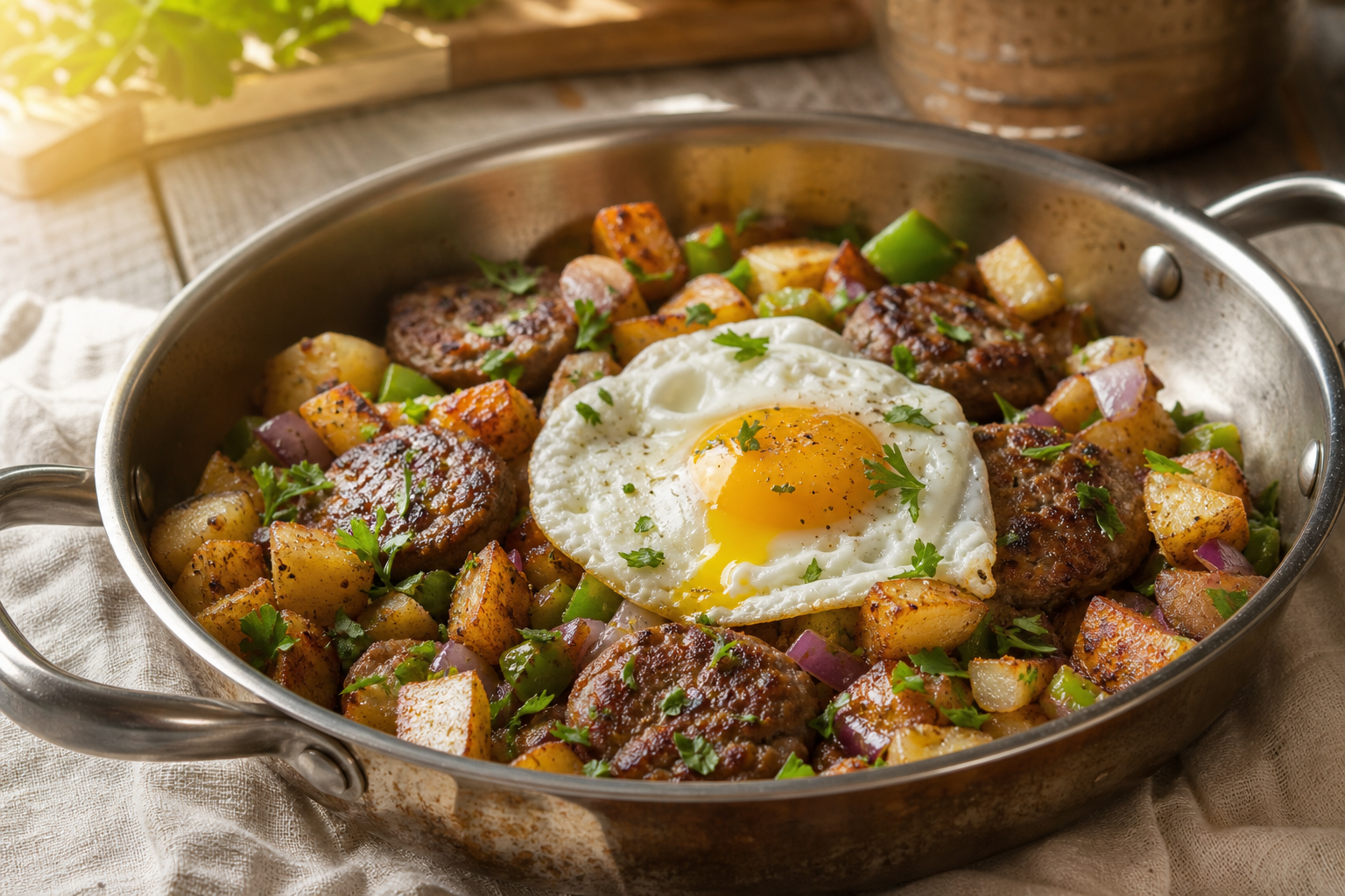 Skillet breakfast sausage patties with crispy home fries, fried egg, and green pepper