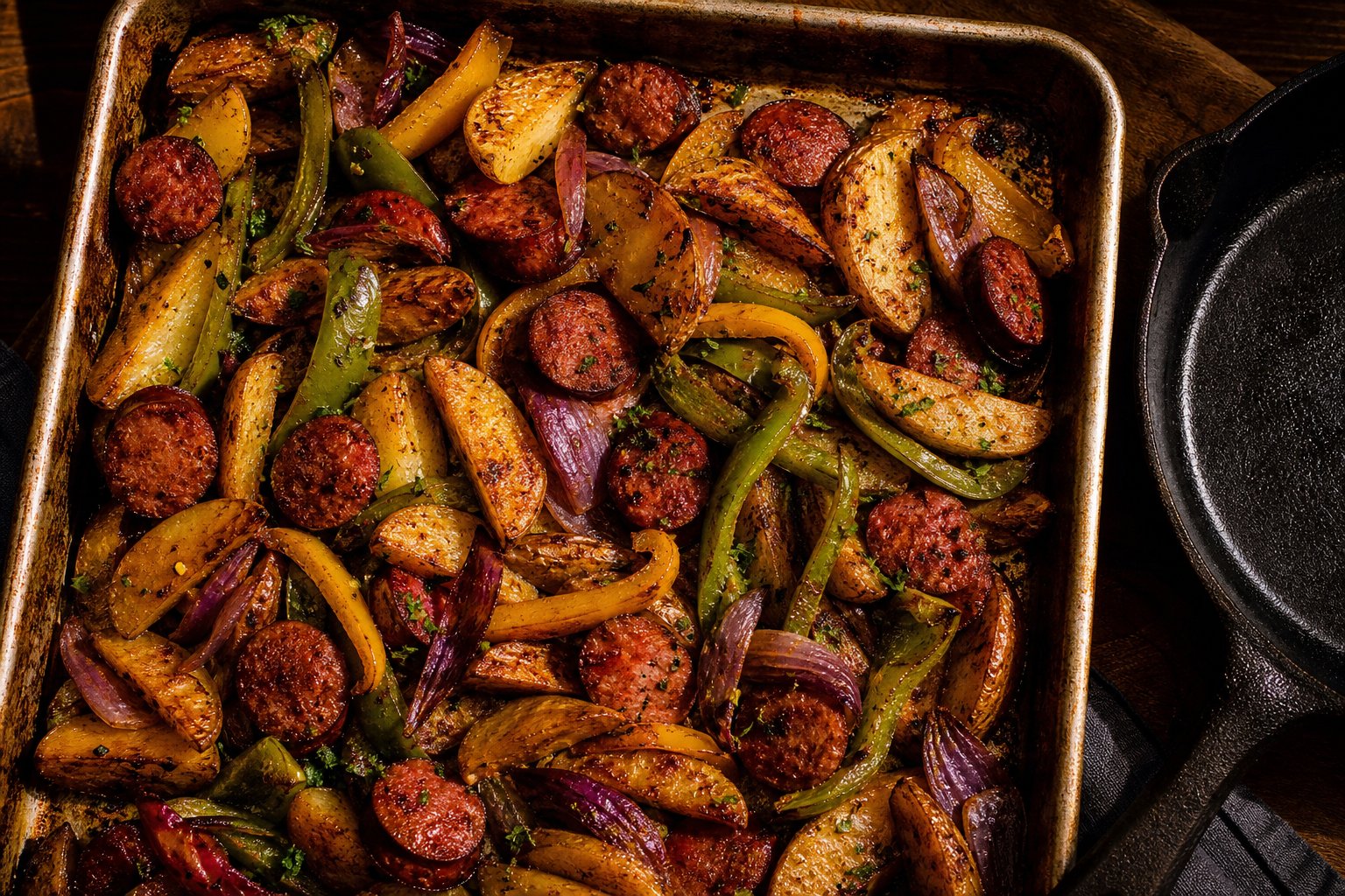 12 Sheet Pan Dinner Ideas for Busy Families 17 Smoked sausage sheet pan dinner with roasted potatoes bell peppers and caramelized onions