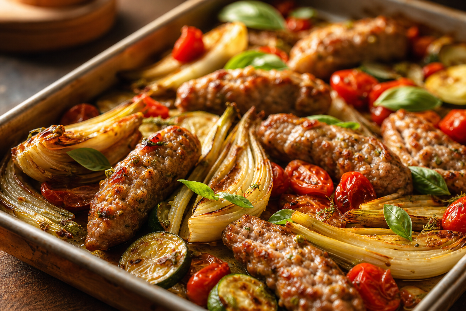 12 Sheet Pan Dinner Ideas for Busy Families 18 Italian sausage sheet pan with roasted fennel zucchini and blistered tomatoes