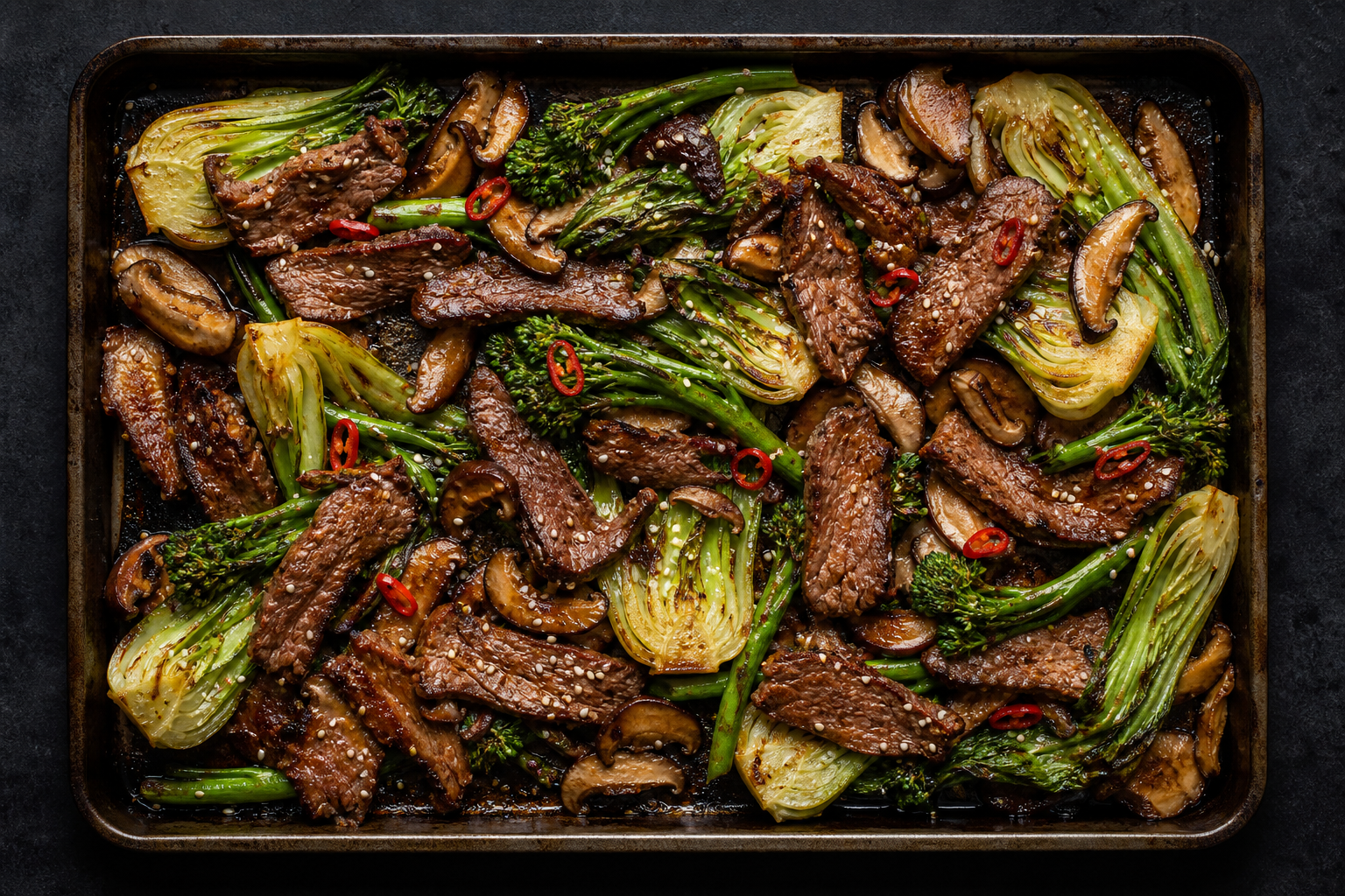 12 Sheet Pan Dinner Ideas for Busy Families 19 Soy ginger beef sirloin sheet pan with bok choy shiitake mushrooms and broccolini