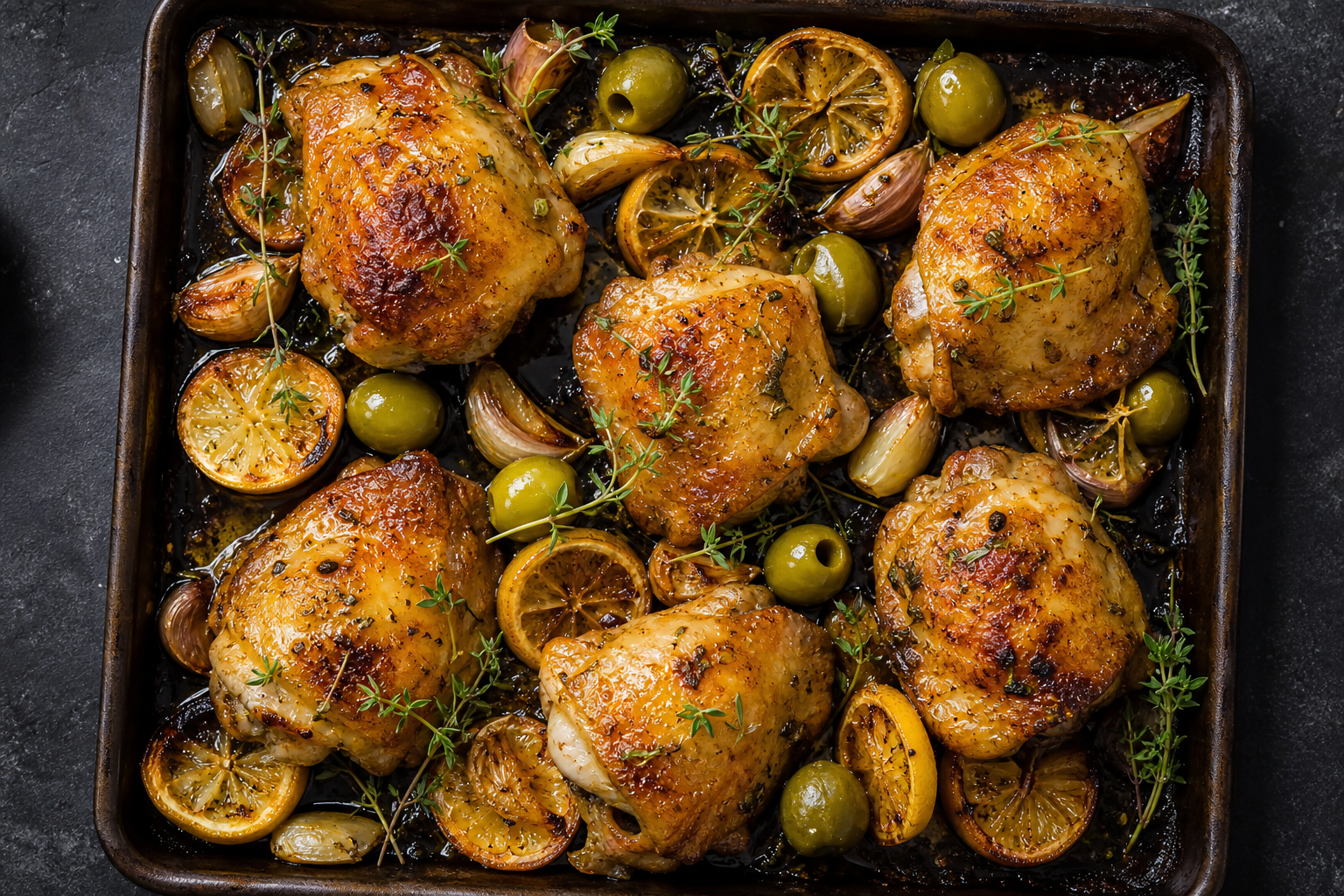 12 Sheet Pan Dinner Ideas for Busy Families 14 Crispy lemon garlic chicken thighs with olives and thyme on a sheet pan