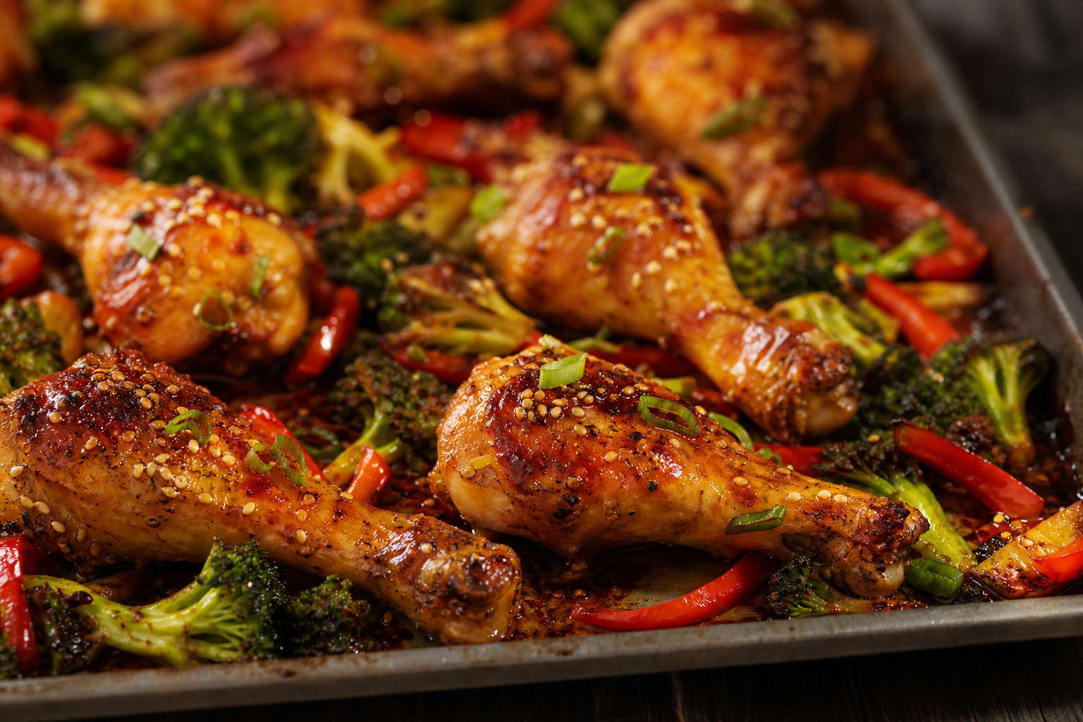 12 Sheet Pan Dinner Ideas for Busy Families 15 Honey sriracha glazed chicken drumsticks with roasted broccoli and bell peppers on sheet pan