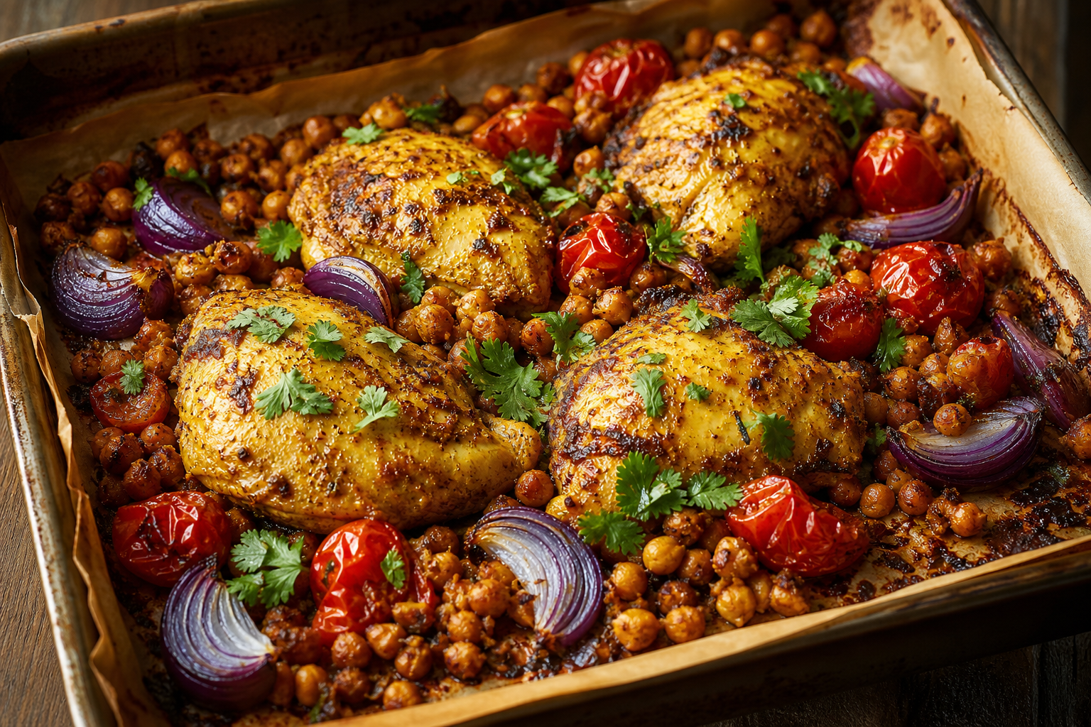 12 Sheet Pan Dinner Ideas for Busy Families 16 Turmeric yogurt chicken breasts with crispy chickpeas and burst cherry tomatoes on sheet pan