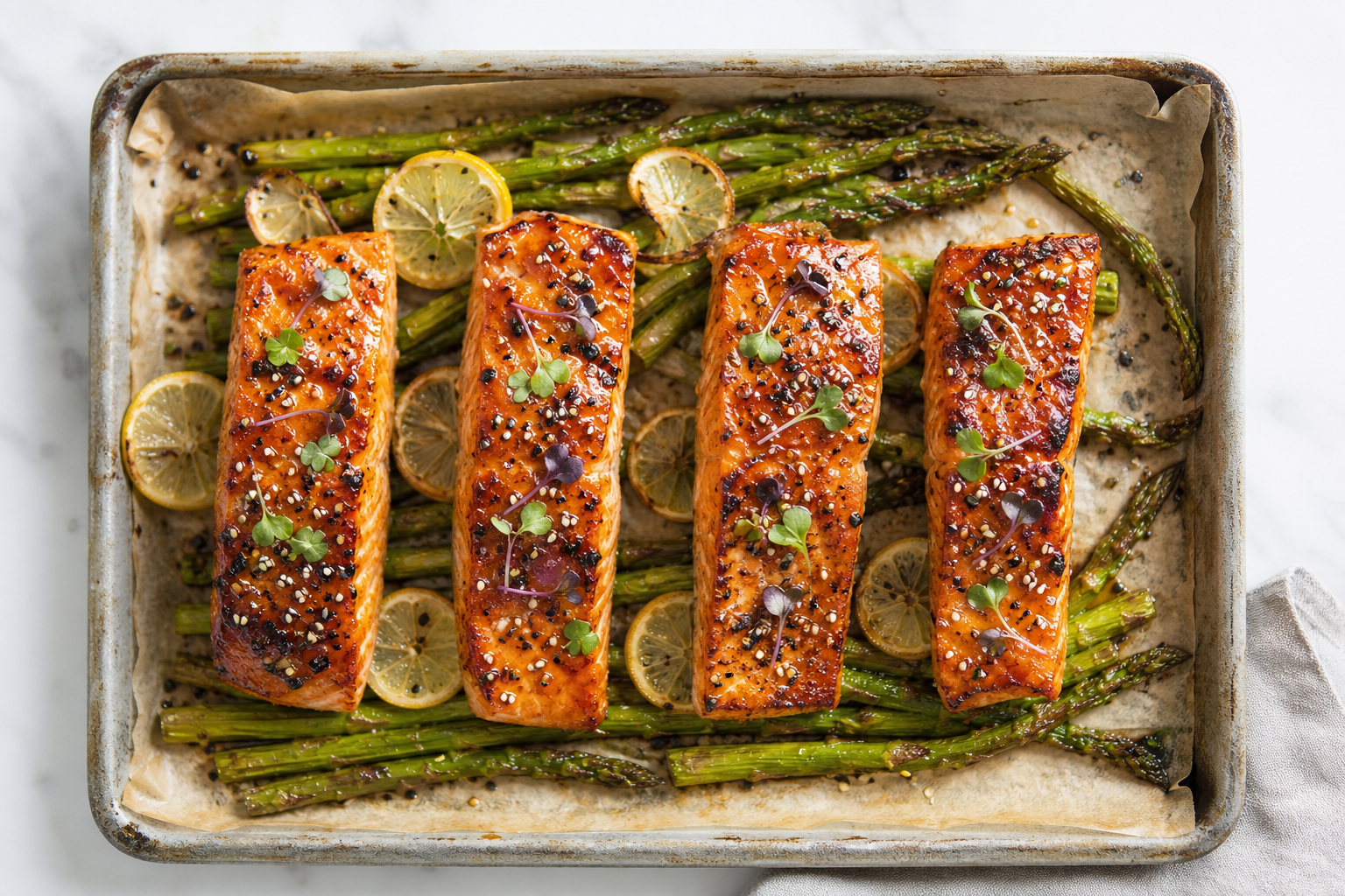 12 Sheet Pan Dinner Ideas for Busy Families 20 Miso honey glazed salmon fillets with roasted asparagus and lemon on sheet pan