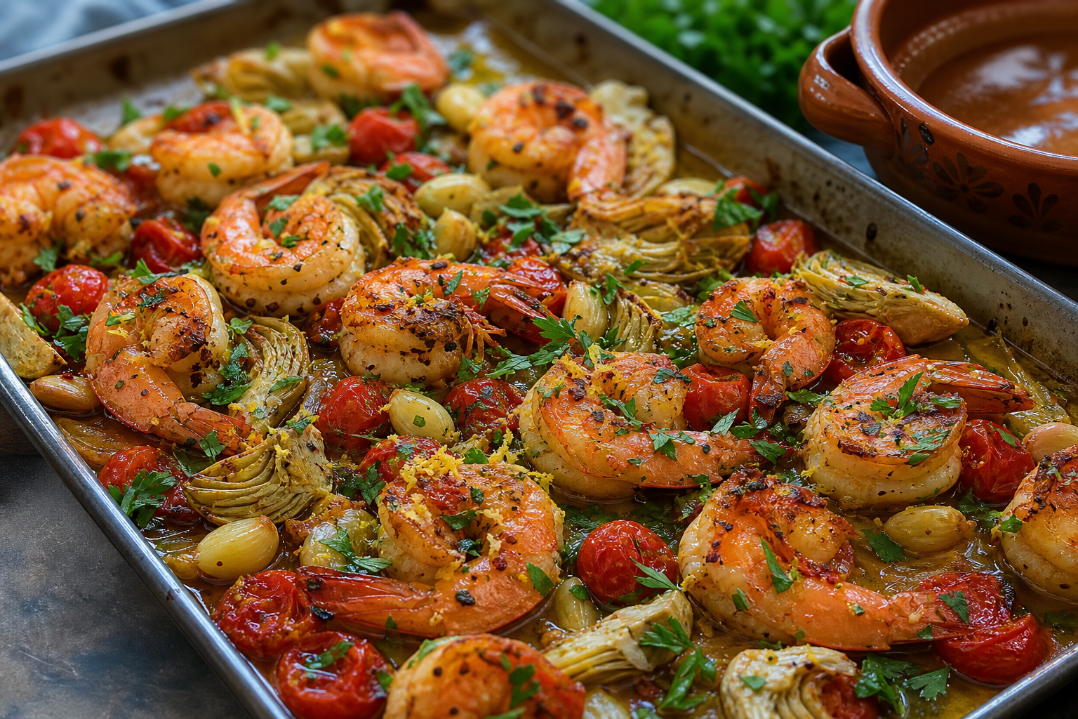 12 Sheet Pan Dinner Ideas for Busy Families 21 Garlic shrimp sheet pan with burst cherry tomatoes artichoke hearts and fresh parsley