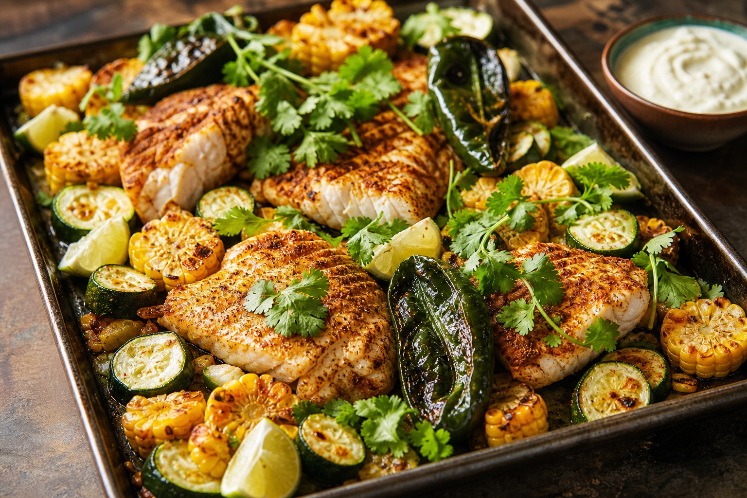 12 Sheet Pan Dinner Ideas for Busy Families 22 Smoked paprika cod fillets with roasted corn zucchini poblano peppers and lime on sheet pan