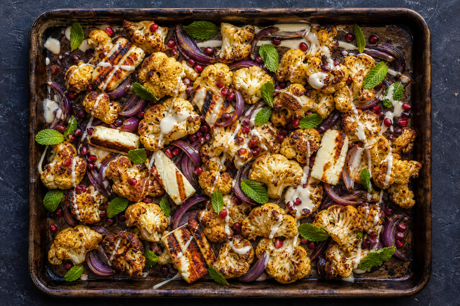 12 Sheet Pan Dinner Ideas for Busy Families 23 Roasted cauliflower and halloumi sheet pan with pomegranate tahini and fresh mint