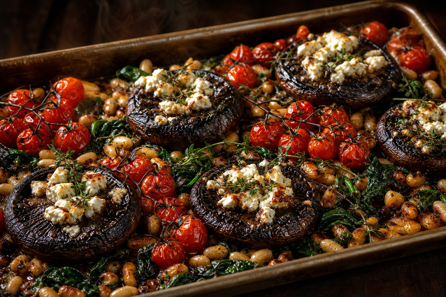 12 Sheet Pan Dinner Ideas for Busy Families 24 Balsamic roasted portobello mushrooms with white beans cherry tomatoes and goat cheese sheet pan