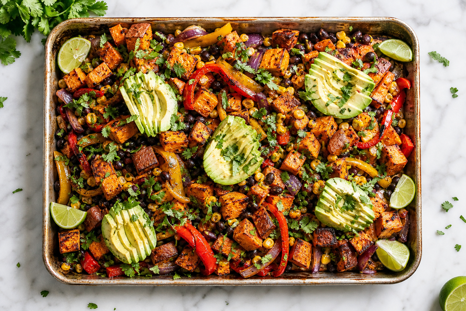 12 Sheet Pan Dinner Ideas for Busy Families 25 Roasted sweet potato and black bean sheet pan fajita bowls with avocado and cilantro