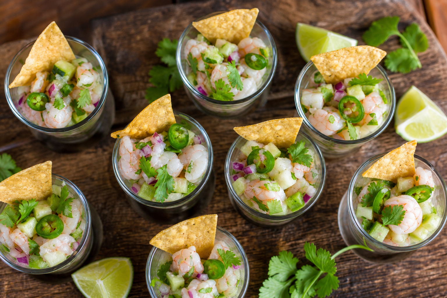 15 Shrimp Appetizer Ideas for Entertaining 18 Chilled shrimp ceviche in individual shot glasses garnished with tortilla chips