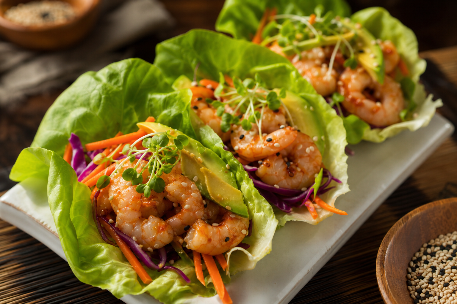 15 Shrimp Appetizer Ideas for Entertaining 19 Cold shrimp lettuce wraps with sesame ginger dressing avocado and micro greens