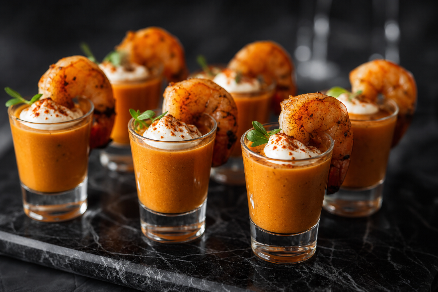 15 Shrimp Appetizer Ideas for Entertaining 29 Elegant shrimp bisque shooters in glass shots topped with crème fraîche and smoked paprika