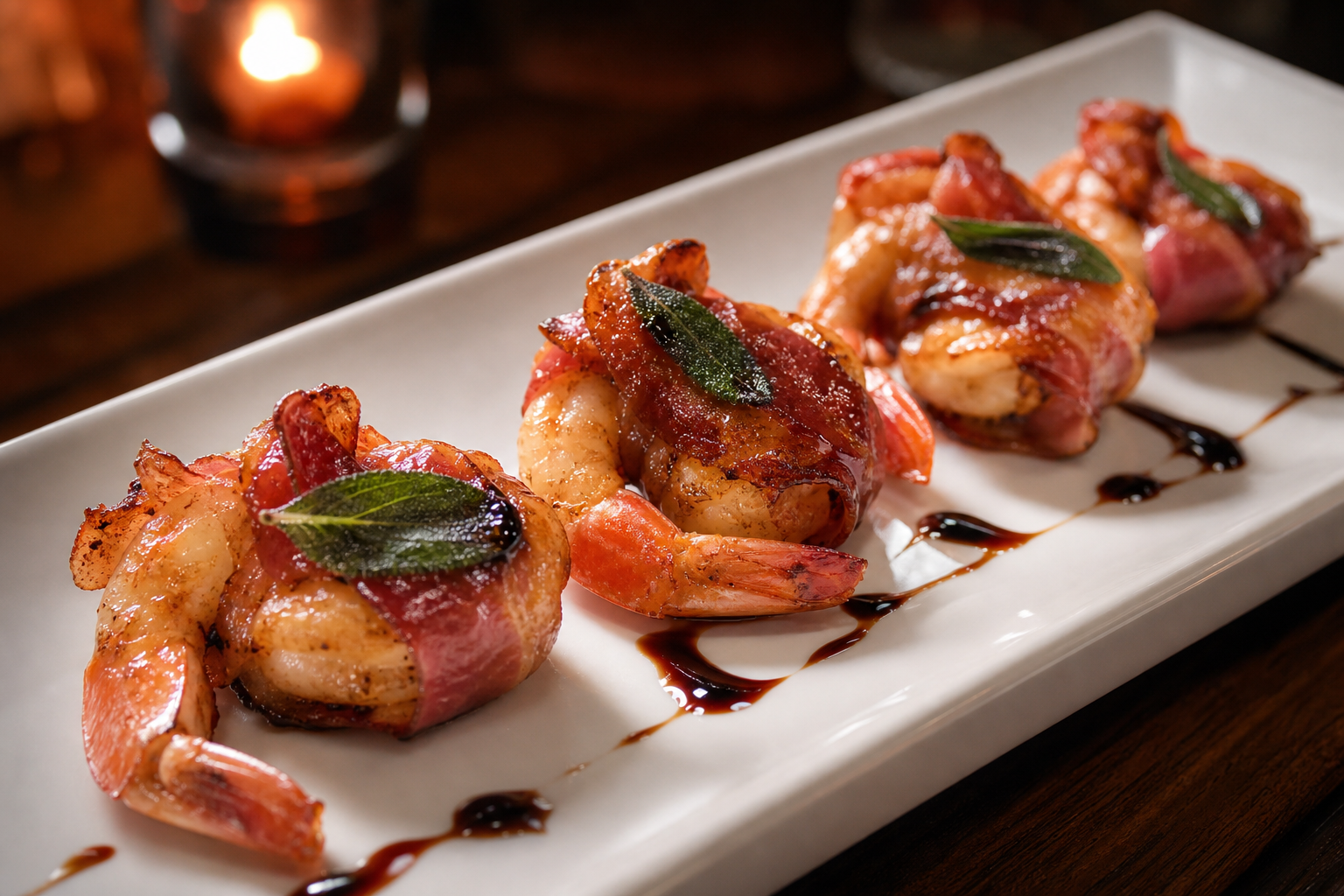 15 Shrimp Appetizer Ideas for Entertaining 31 Prosciutto wrapped shrimp with sage and balsamic reduction on a fine dining plate
