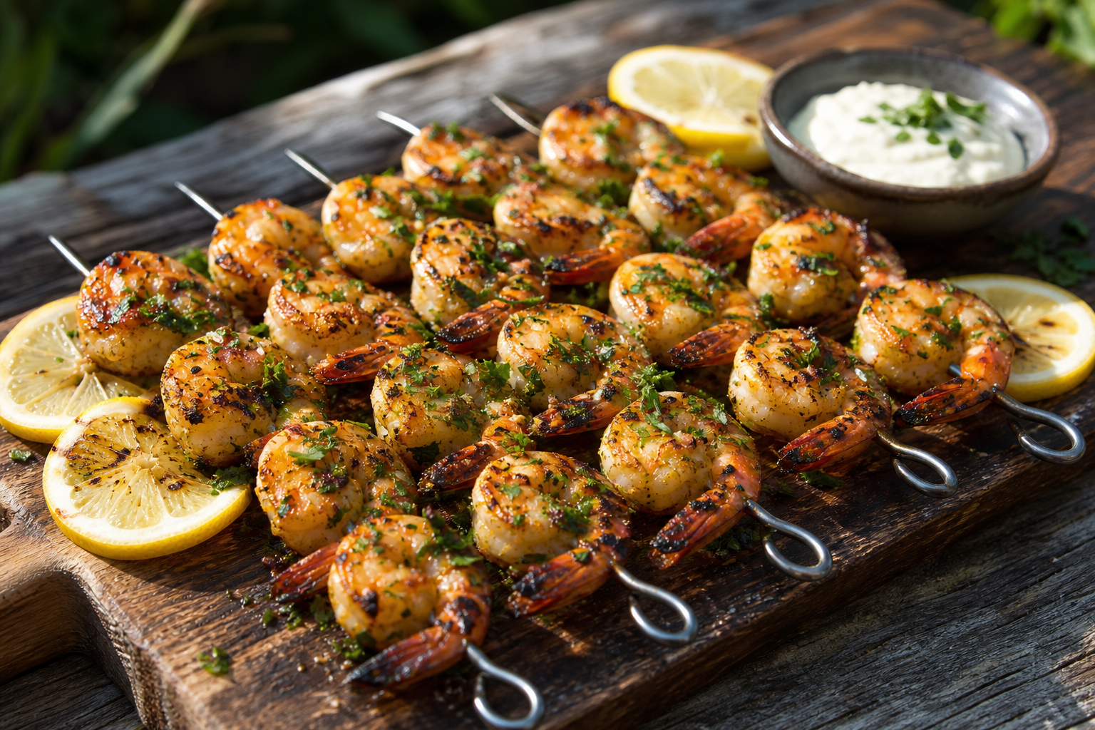 15 Shrimp Appetizer Ideas for Entertaining 23 Grilled shrimp skewers with char marks on a wooden board with lemon and aioli