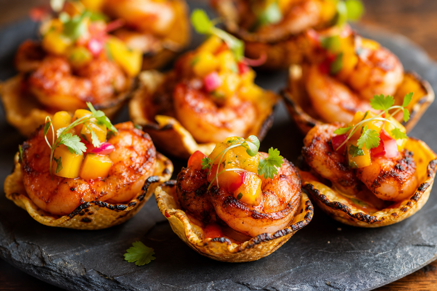 15 Shrimp Appetizer Ideas for Entertaining 24 Chipotle grilled shrimp in corn tortilla cups topped with mango salsa and cilantro
