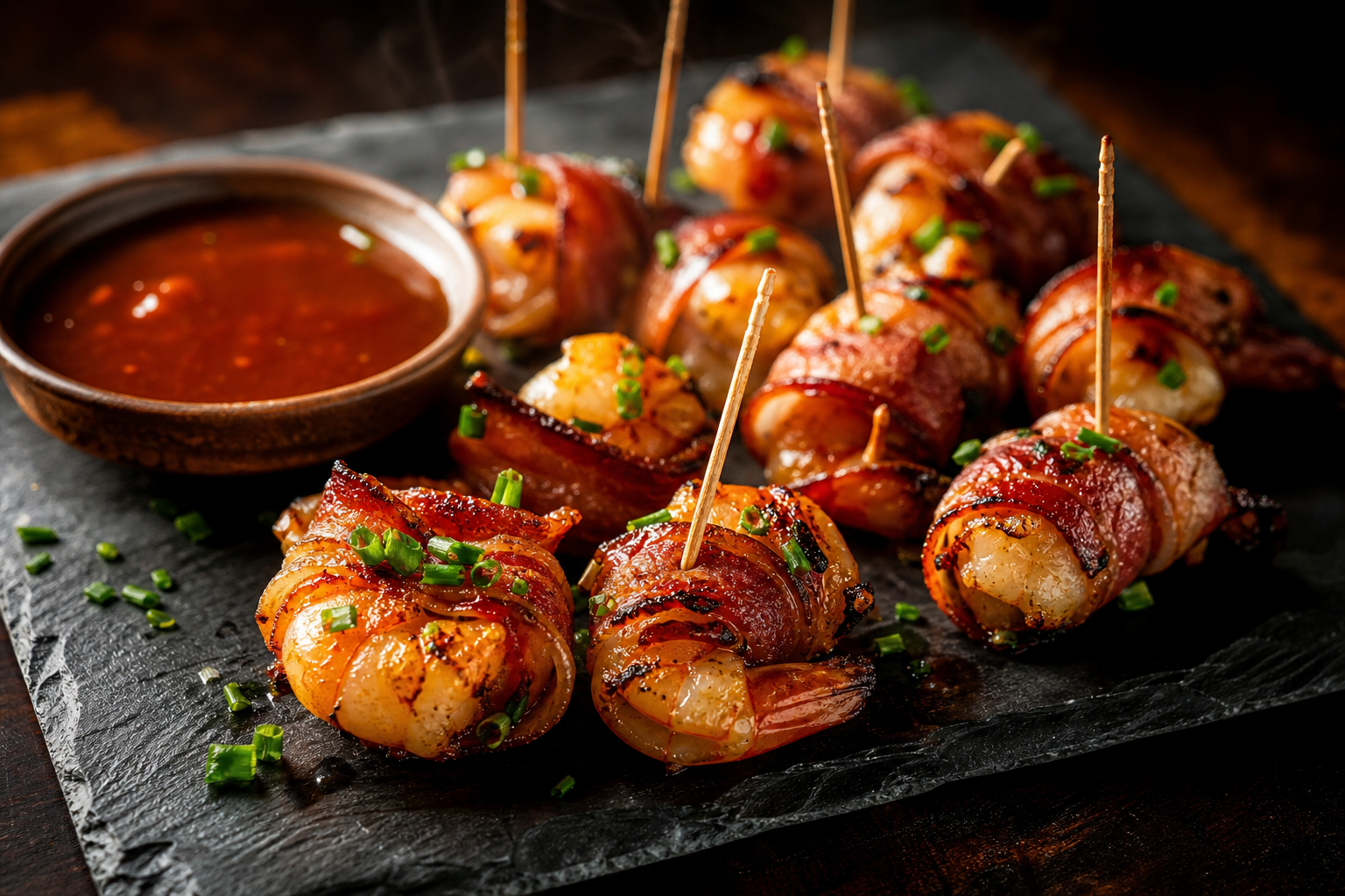 15 Shrimp Appetizer Ideas for Entertaining 20 Bacon wrapped shrimp on a slate board with maple chipotle dipping sauce