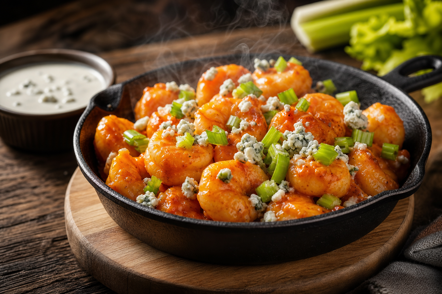 15 Shrimp Appetizer Ideas for Entertaining 21 Buffalo shrimp bites in a cast iron skillet with blue cheese and ranch dressing