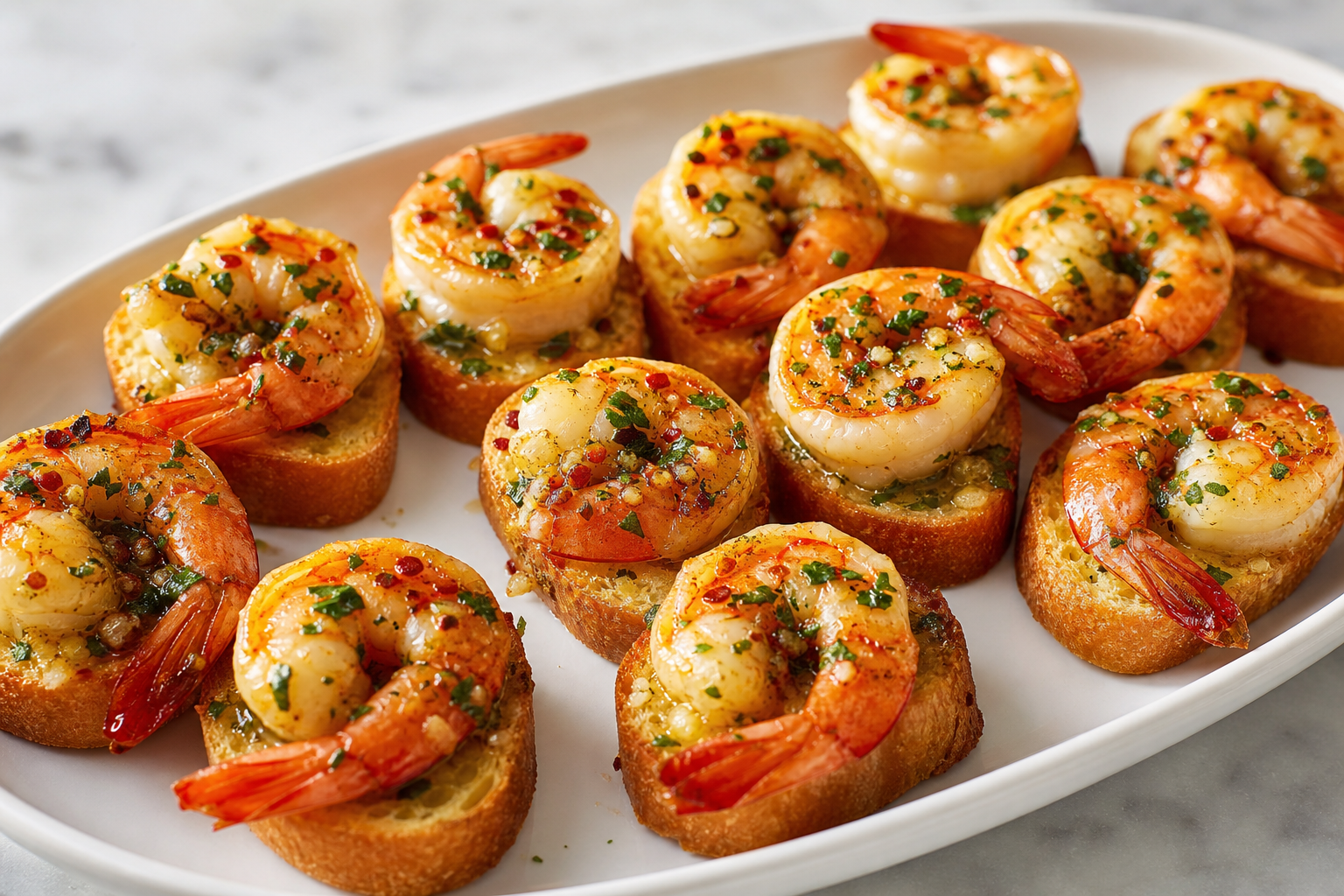 15 Shrimp Appetizer Ideas for Entertaining 22 Garlic butter shrimp on toasted baguette crostini with parsley and red pepper flakes