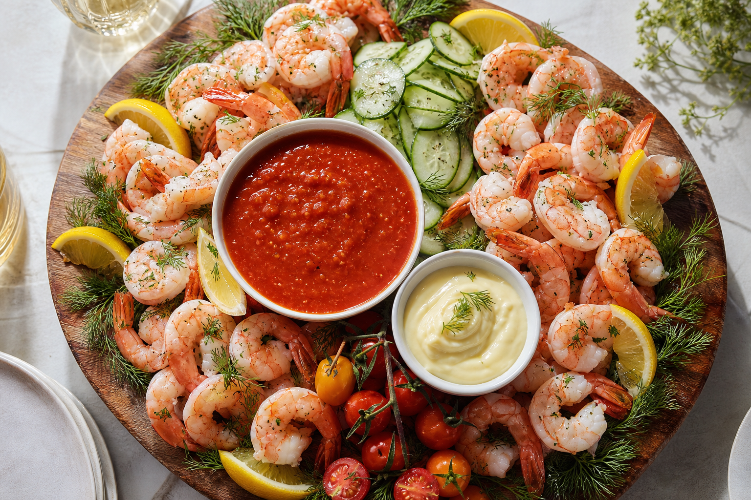 15 Shrimp Appetizer Ideas for Entertaining 26 Large party shrimp cocktail platter on wooden board with two dipping sauces and garnishes