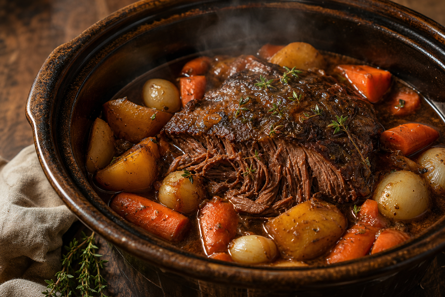 Tender slow cooker chuck roast pot roast with carrots and potatoes in rich braising liquid