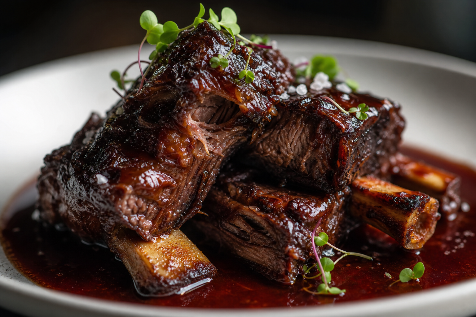 Slow cooker braised beef short ribs with red wine reduction on a white plate