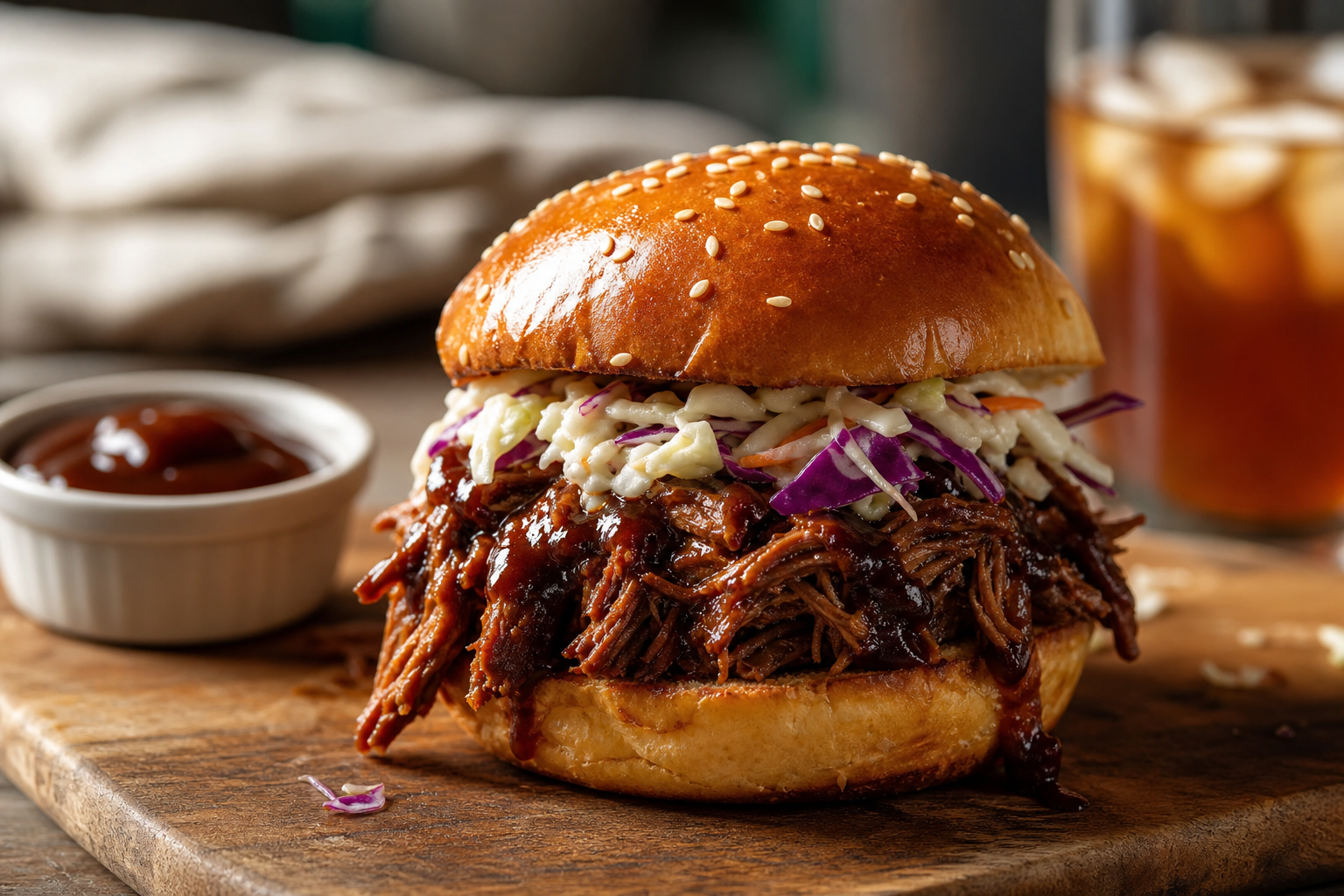 Slow cooker pulled beef brisket sandwich on a brioche bun with coleslaw and barbecue sauce
