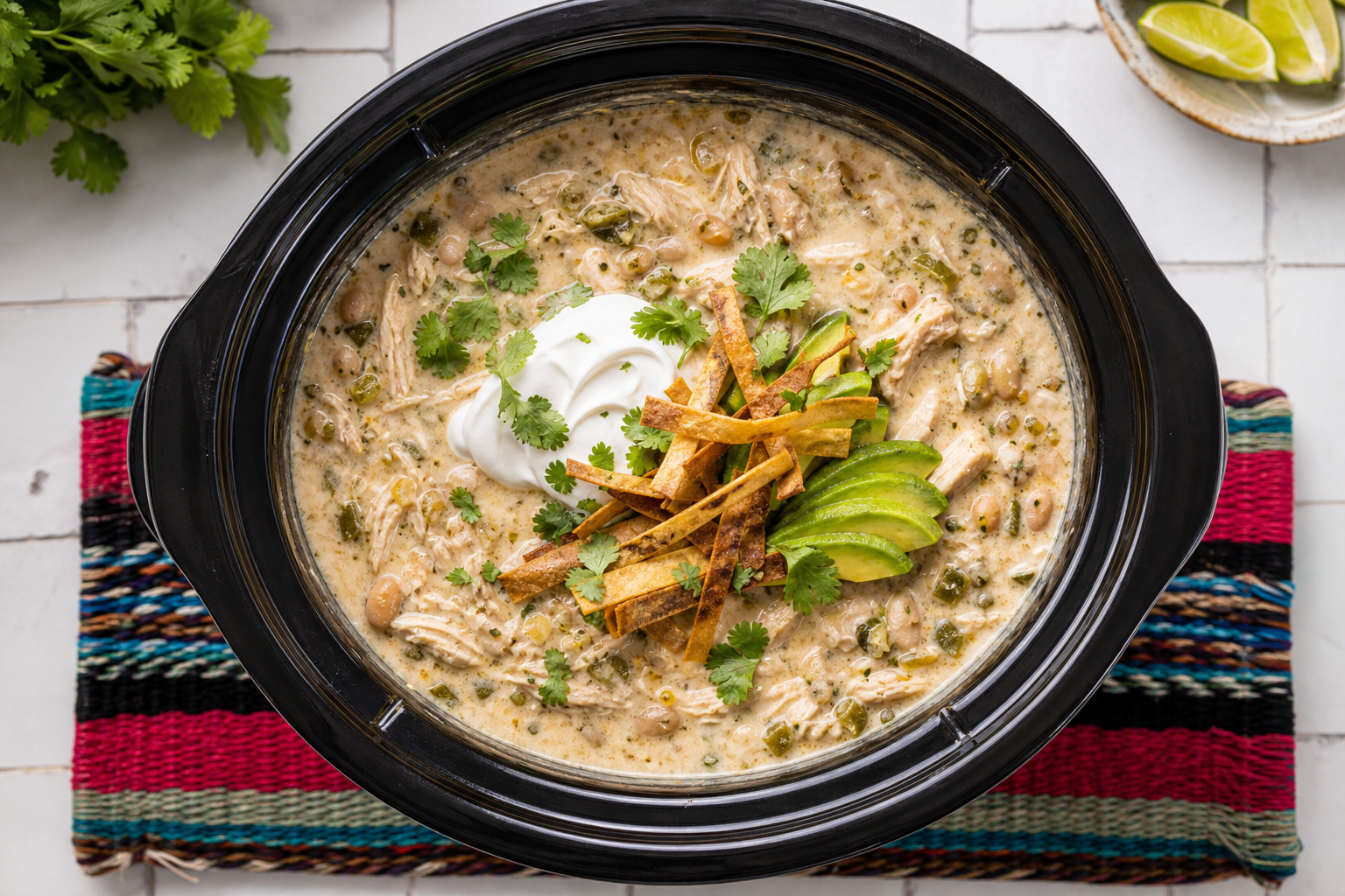 Overhead view of creamy slow cooker white chicken chili with avocado and tortilla strips