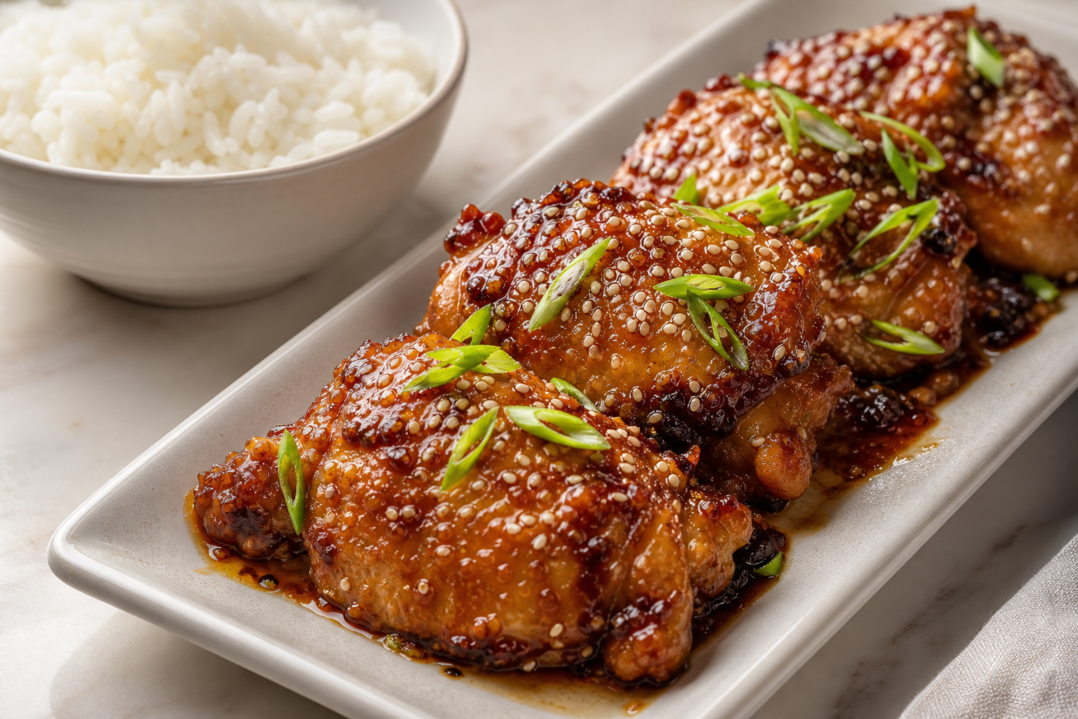 Slow cooker honey garlic chicken thighs glazed with sticky sauce over jasmine rice